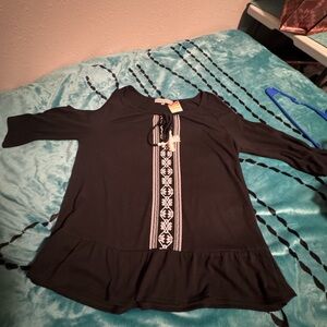 Black Women's Top and skirt with White Embroidery and silver accents in skirt